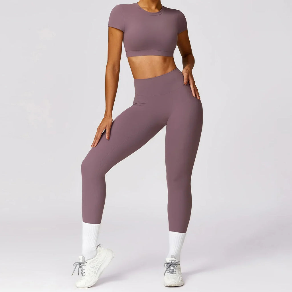 Sportswear Gym Clothing Fitness Short Sleeve Crop Top High Waist Leggings Sports Suits