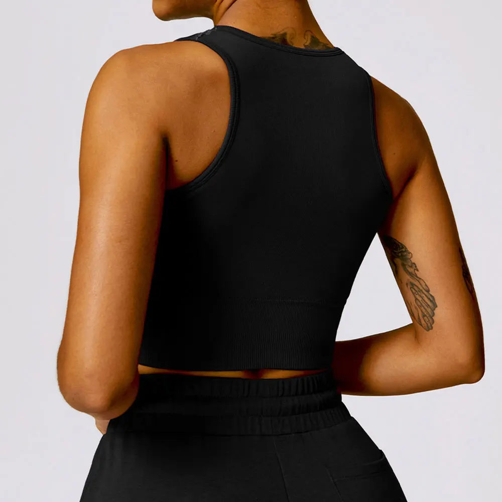 High Strength Sport Bra Women Rib-Knit Yoga Vest Round Neck Athletic