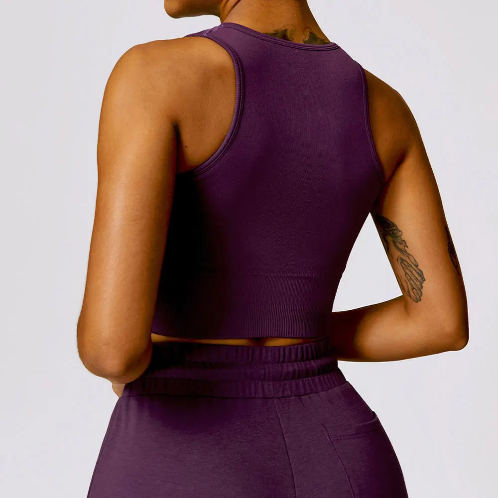 High Strength Sport Bra Women Rib-Knit Yoga Vest Round Neck Athletic